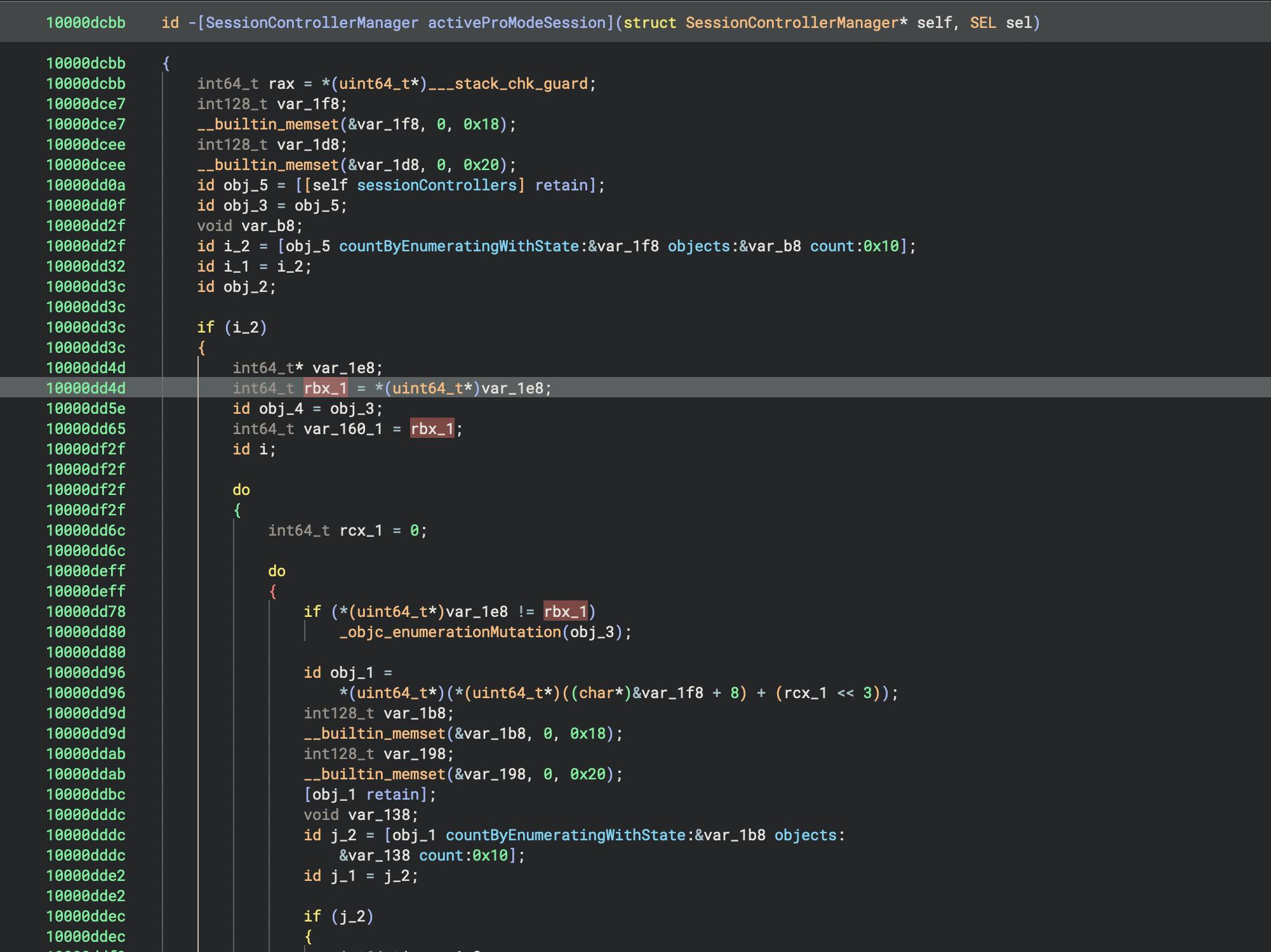 Binary Ninja Pseudo Objective-C: -[SessionControllerManager activeProModeSession] retaining [self sessionControllers] and fast-enumerating this process's window controllers