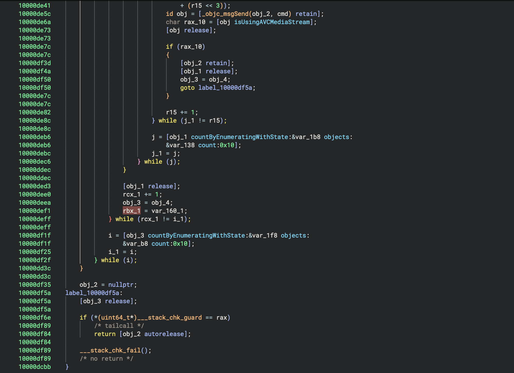 Binary Ninja Pseudo Objective-C: the inner loop returning the controller when [obj isUsingAVCMediaStream] is true, else nullptr